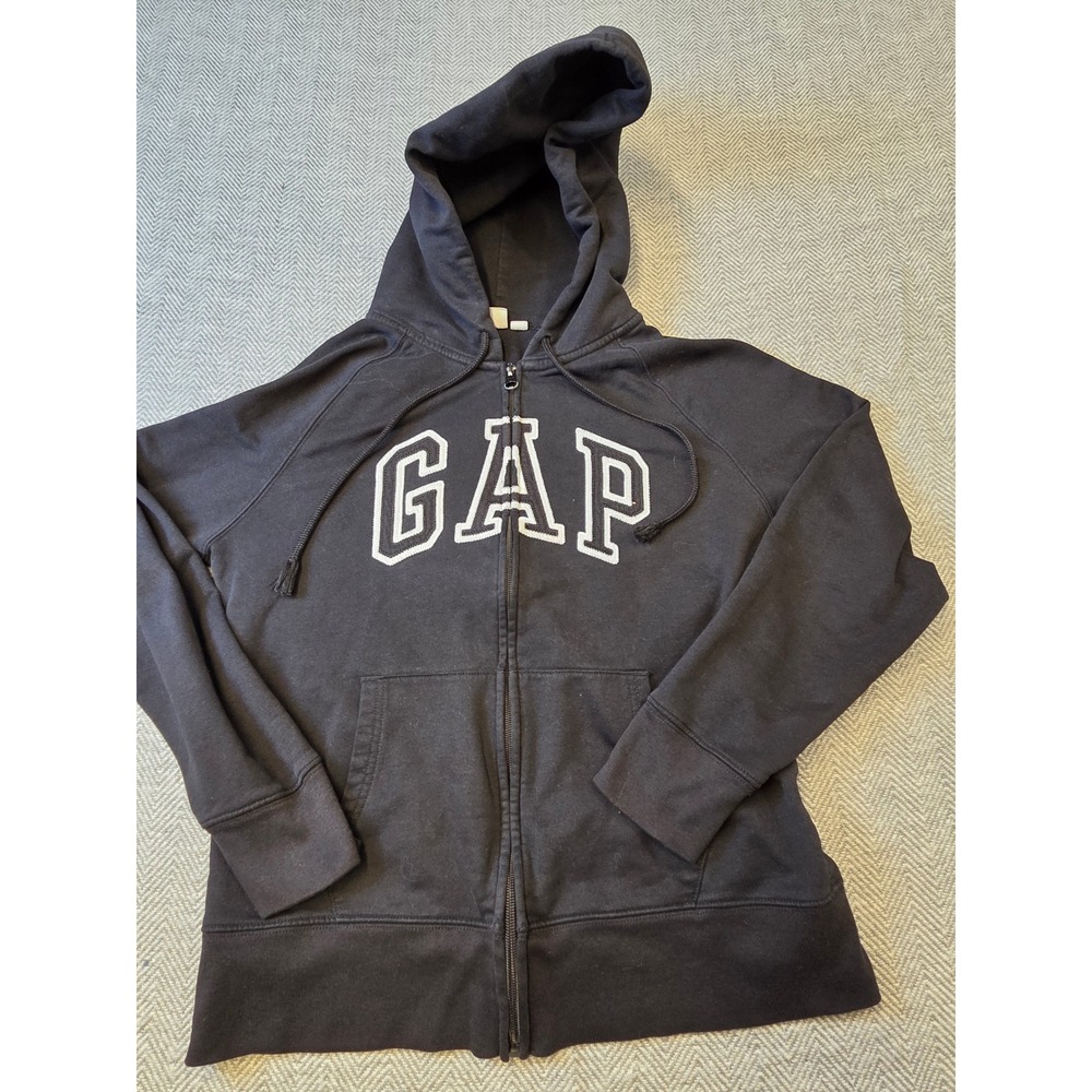GAP Hoodie Womens Small Black Fleece Lined Arch Logo Pockets Drawstring Full Zip